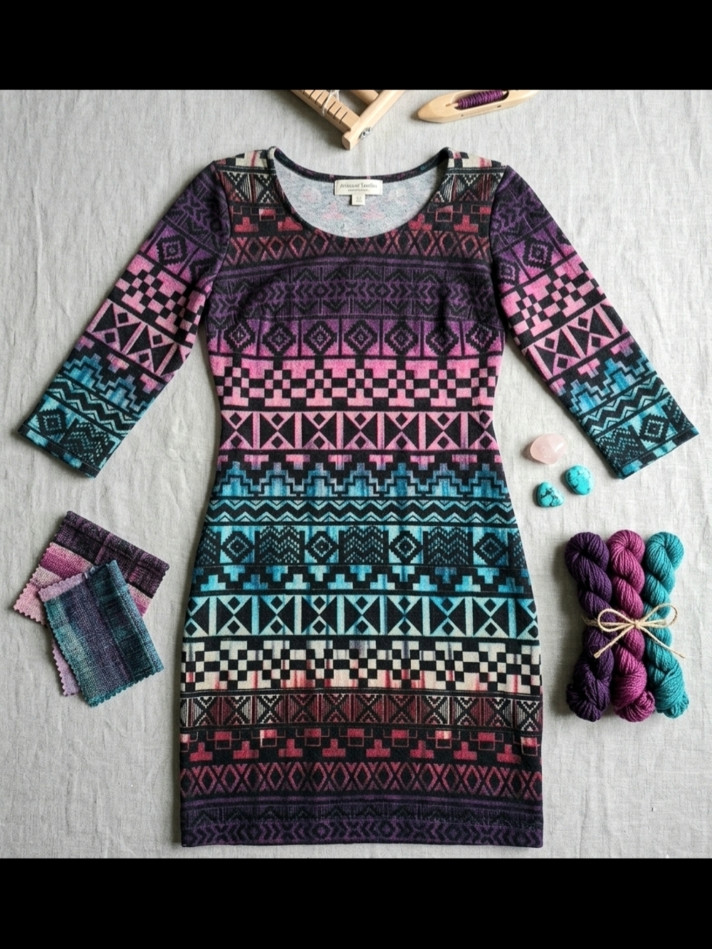 Vibrant Geometric Knit Sheath Dress - Colorful Tribal Print 3/4 Sleeve Bodycon